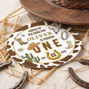 First Rodeo Western Cowboy Boys 1st Birthday Party Round Paper Coaster
