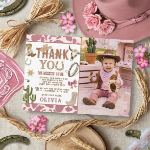 First Rodeo Western Cowgirl 1st Birthday Photo Thank You Card