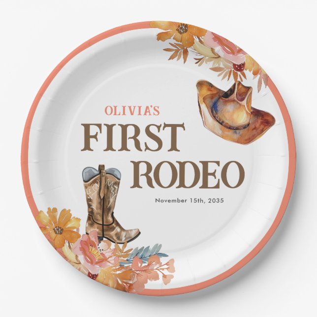 First Rodeo Western Girl 1st Birthday Paper Plates (Front)