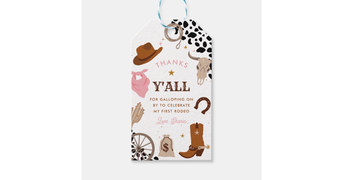 First Rodeo Western Girl First Birthday Thank You Gift Tags | Zazzle