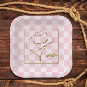 First Rodeo Western Pink Checkered 1st Birthday Paper Plates