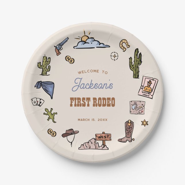 First Rodeo Western Themed Cowboy Birthday Paper Plates (Front)