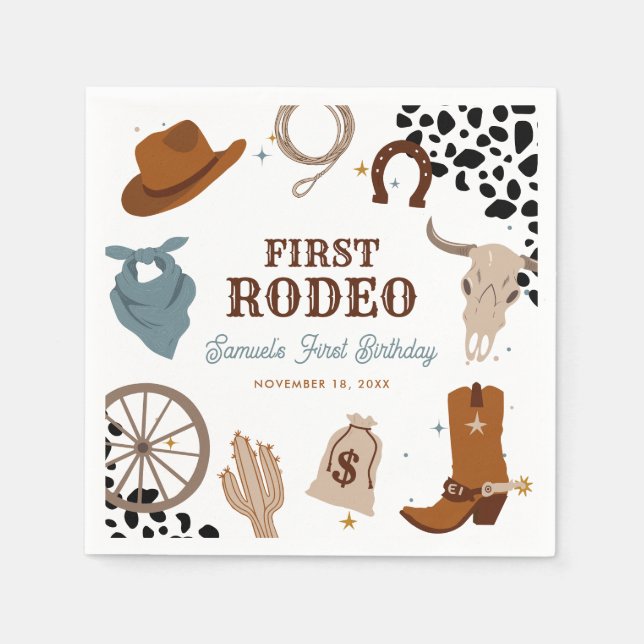 First Rodeo Western Wild West Boy First Birthday Napkins (Front)