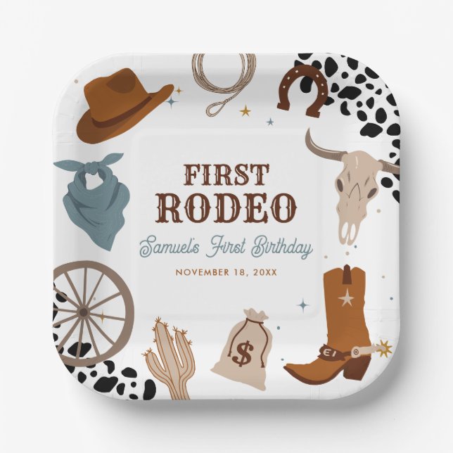 First Rodeo Western Wild West Boy First Birthday Paper Plates (Front)