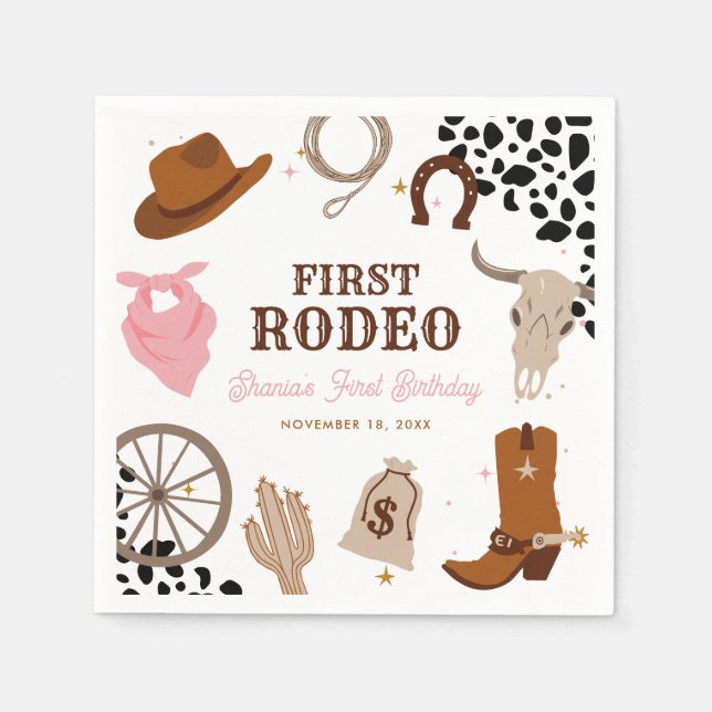 First Rodeo Western Wild West Girl First Birthday Napkins (Front)