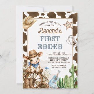 First Rodeo Wild West Bear Cowboy Birthday  Invitation