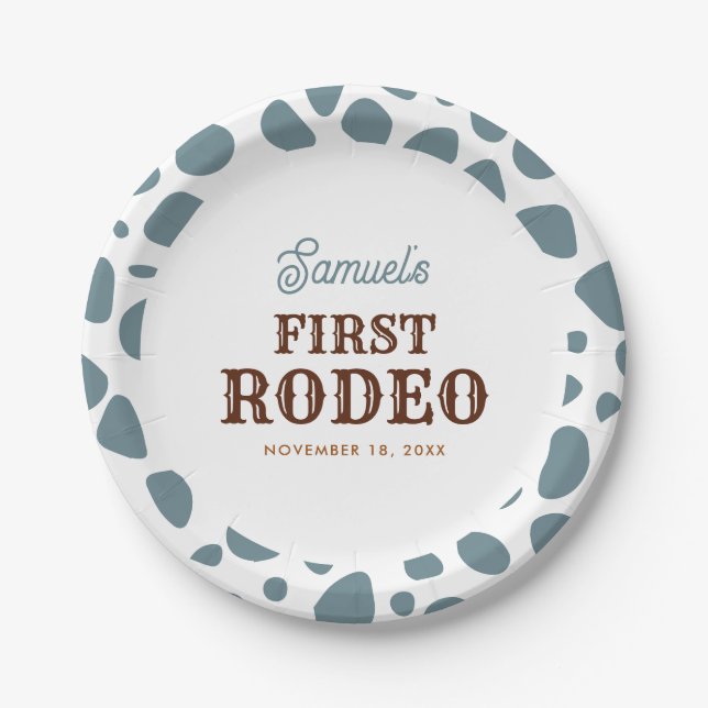 First Rodeo Wild West Blue Boy First Birthday Paper Plates (Front)