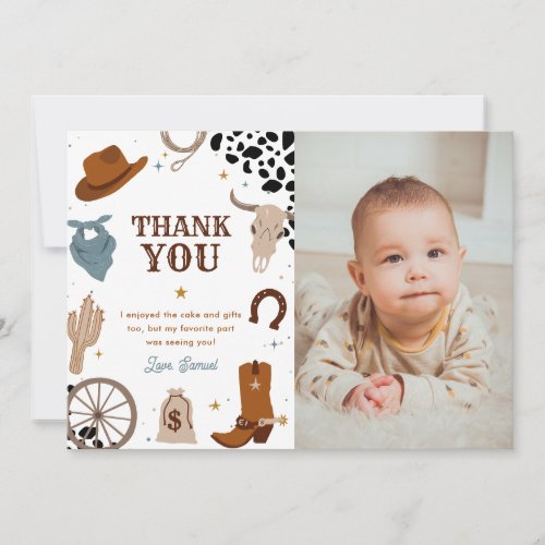 First Rodeo Wild West Boy First Birthday Photo Thank You Card