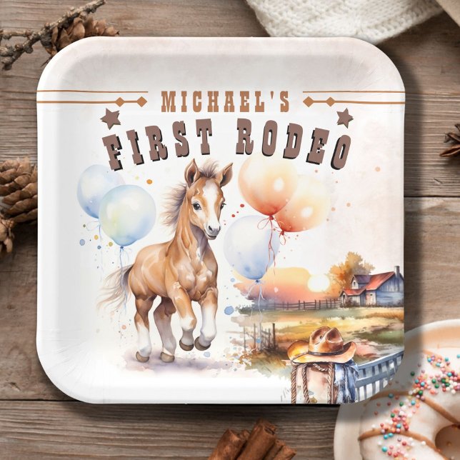 First RODEO | Wild West Cowboy 1st Birthday Boy Paper Plates (Creator Uploaded)