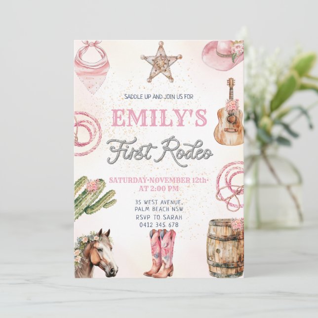 First Rodeo Wild West Girl 1st Birthday Party Invitation (Standing Front)
