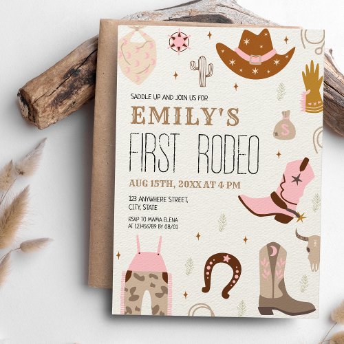 First Rodeo Wild West Pink Cowgirl 1st Birthday Invitation