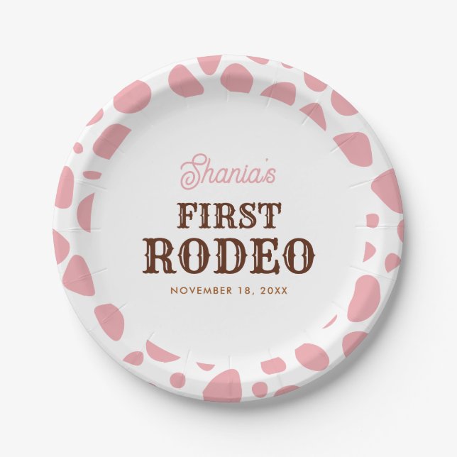 First Rodeo Wild West Pink Girl First Birthday Paper Plates (Front)
