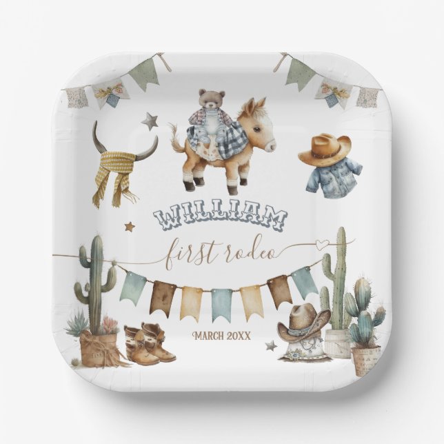 First rodeo Wild West Welcome Boy 1st Birthday Paper Plates (Front)
