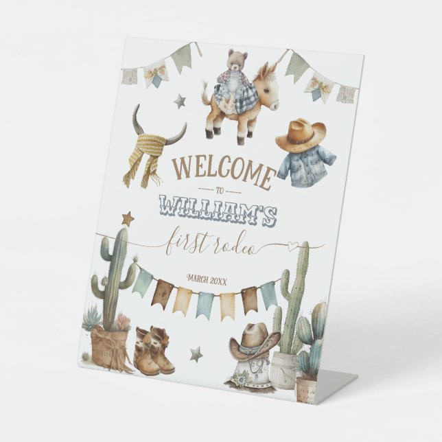 First rodeo Wild West Welcome Boy 1st Birthday Pedestal Sign (Front)