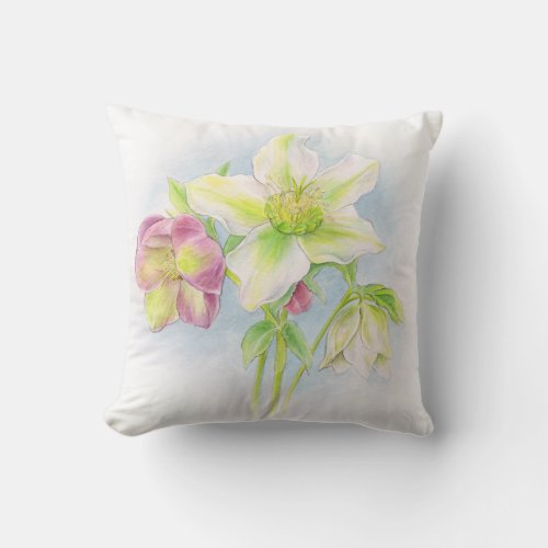 First signs of spring hellebore watercolor pillow