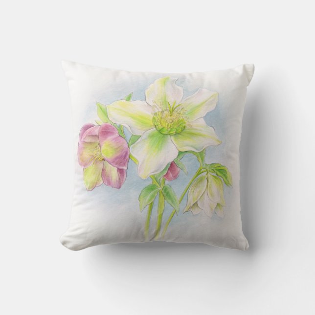 First signs of spring hellebore watercolor pillow (Front)
