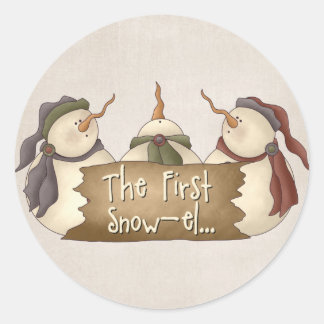 First Snow-el Whimsy Winter Snowmen Design Classic Round Sticker