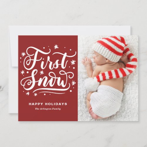 First Snow Hand Lettered Red First Christmas Holiday Card