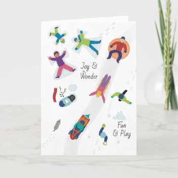 First Snow Winter Children Playing Snow Angels Holiday Card by HollyShop at Zazzle