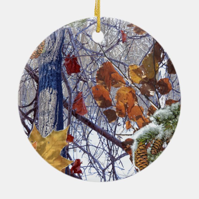 First Snow Winter Scene Camouflage Painting Ceramic Ornament (Back)