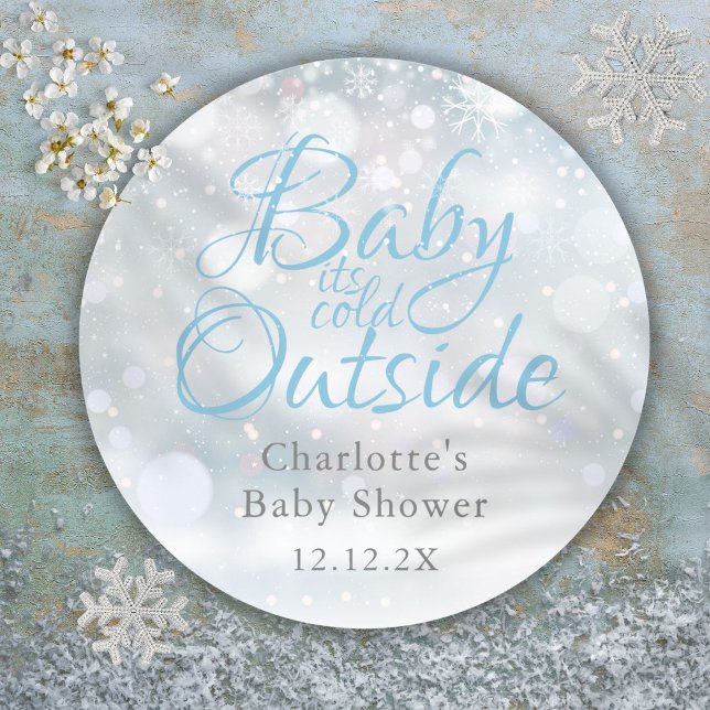 First Snowflakes Baby Its Cold Outside Baby Shower Classic Round Sticker (First Snowflakes Baby Its Cold Outside Baby Shower Classic Round Sticker)