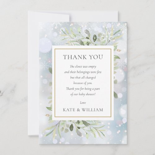 First Snowflakes Baby Shower Poem Leaves Greenery Thank You Card