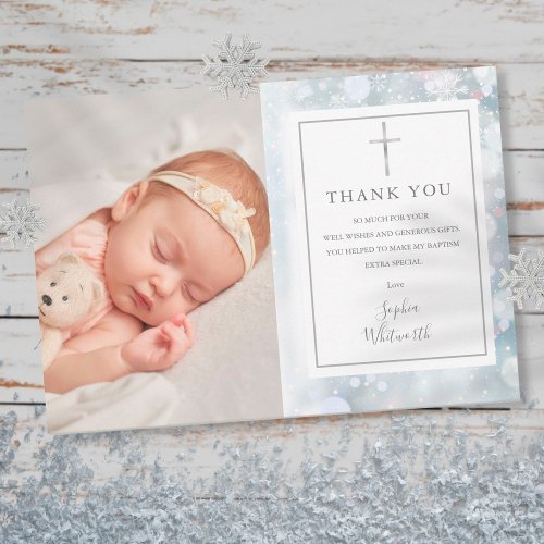 First Snowflakes Baptism Christening Photo Thank You Card