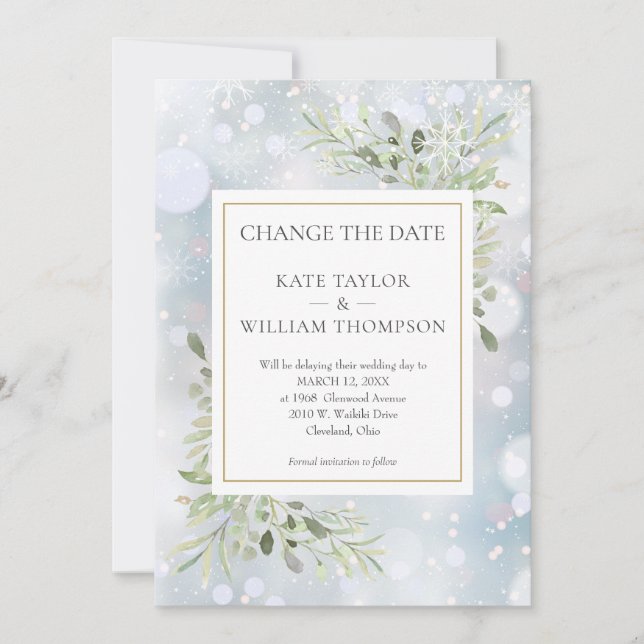 First Snowflakes Change the Date Greenery Leaves Save The Date (Front)
