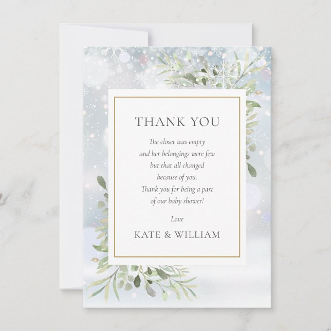 First Snowflakes Greenery Baby Shower Poem Thank You Card (Front)