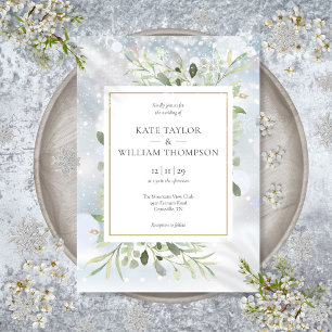 First Snowflakes Greenery Winter Wedding Invitation