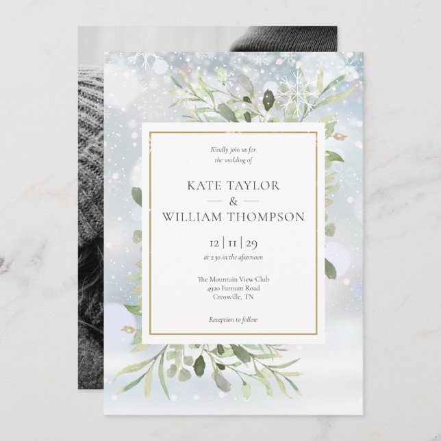 First Snowflakes Greenery Winter Wedding Photo Invitation (Front/Back)