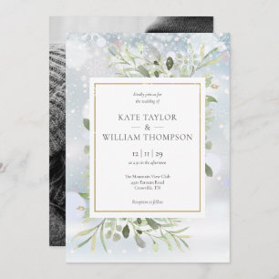 First Snowflakes Greenery Winter Wedding Photo Invitation