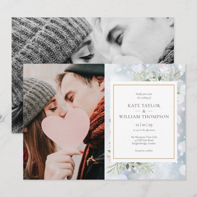 First Snowflakes Photos Greenery Winter Wedding Invitation (Front/Back)