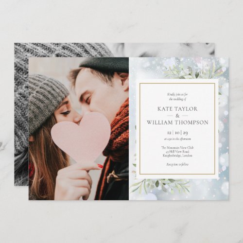 First Snowflakes Photos Greenery Winter Wedding Invitation