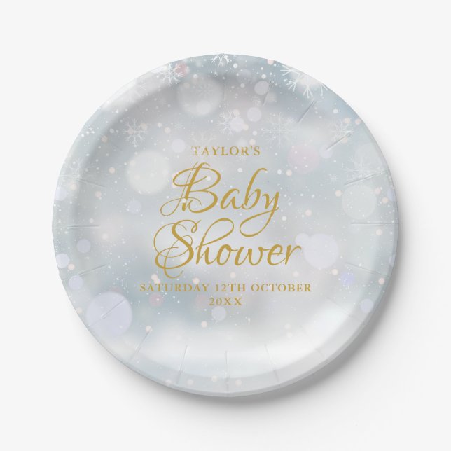 First Snowflakes Winter Baby Shower / Sprinkle Paper Plates (Front)