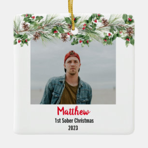 First Sober Christmas Minimal Photo Ceramic Ornament