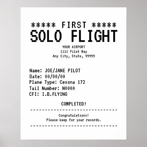 First Solo Flight Congratulations Poster