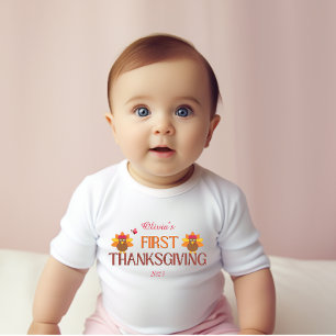 First Thanksgiving Add a Name and Year white girl Baby Bodysuit