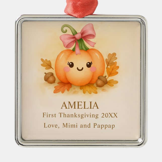 First Thanksgiving for Baby Girl with Pumpkin Metal Ornament (Front)