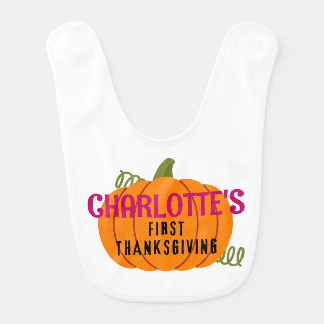 First Thanksgiving Pumpkin Personalized Name Baby Bib (Front)