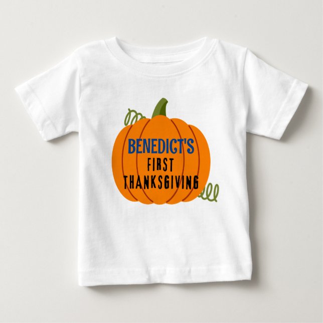 First Thanksgiving Pumpkin Personalized Name Baby T-Shirt (Front)