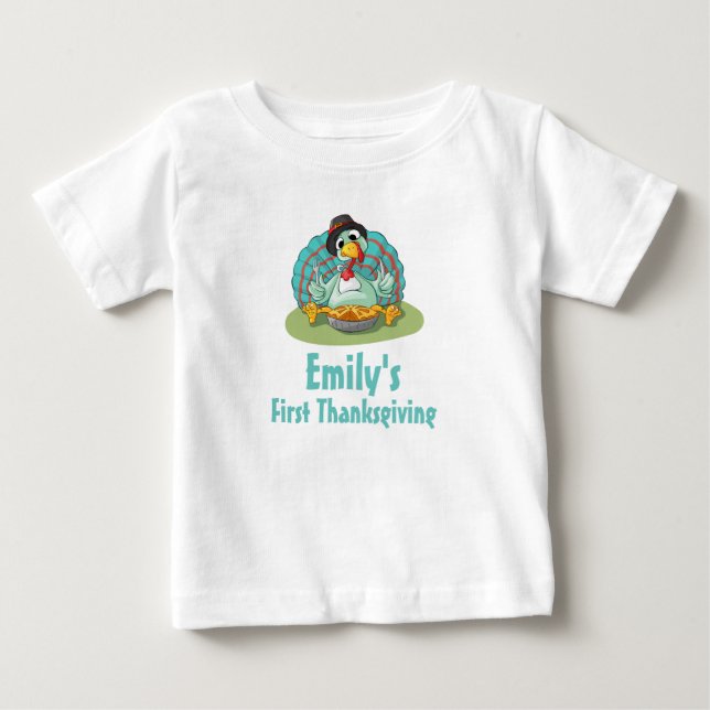 First Thanksgiving Turkey Eating Pumpkin Baby T-Shirt (Front)