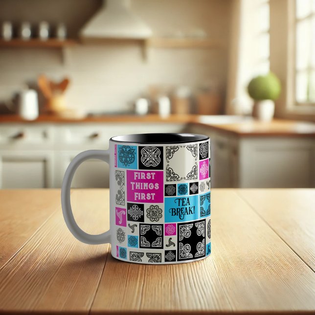First Things First Tea Break! Funny Magenta & Blue Two-Tone Coffee Mug (Creator Uploaded)