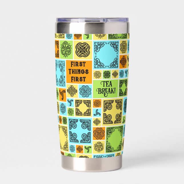 First Things First Tea Break! Funny Orange & Green Insulated Tumbler (Front)