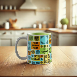 First Things First Tea Break! Funny Orange & Green Two-Tone Coffee Mug