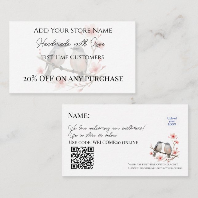 First-time Customers Handmade Birds Watercolor Discount Card (Front/Back)