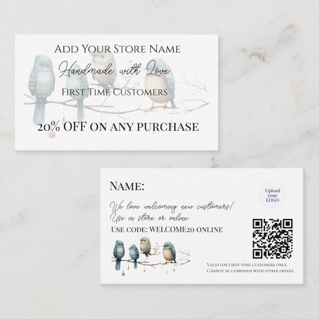 First-time Customers Handmade Birds Watercolor Discount Card (Front/Back)