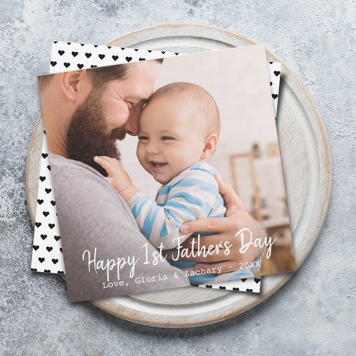 First Time Fathers Day Photo Heart Pattern Holiday Card