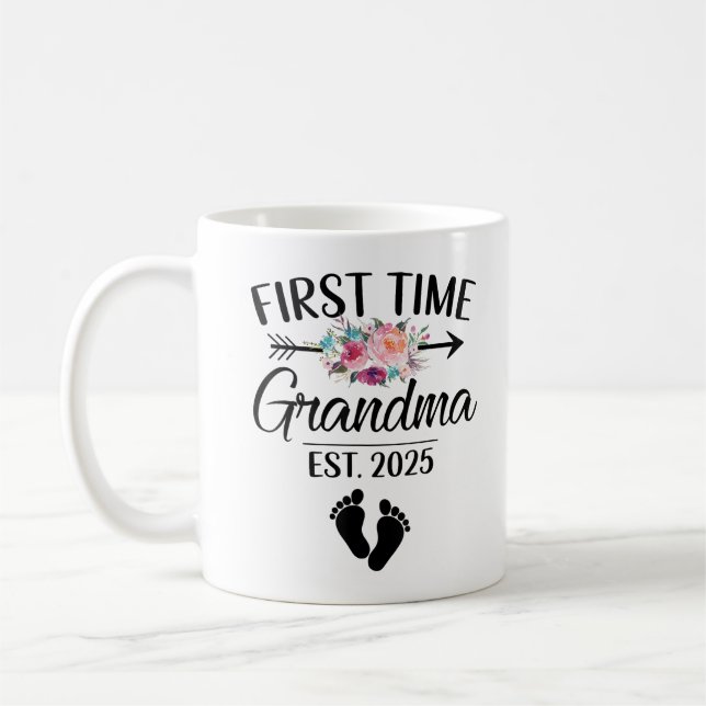 First Time Grandma Est 2025 Flower Grandma 2025 Coffee Mug (Left)