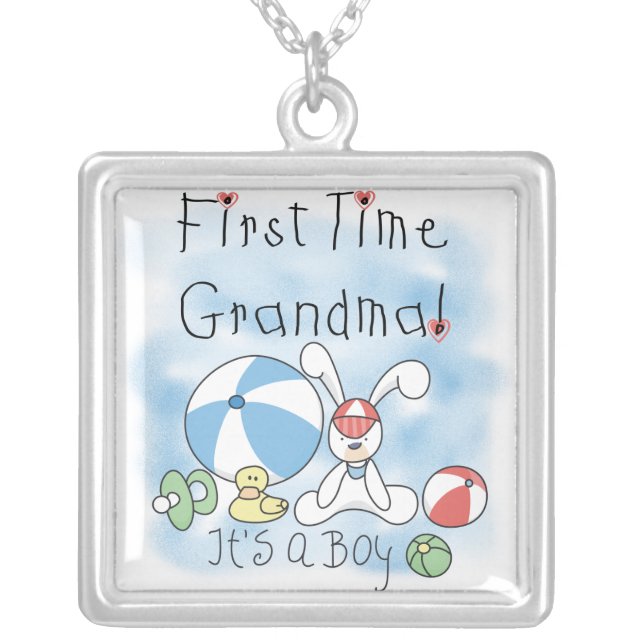 First Time Grandma of Boy Gifts Silver Plated Necklace (Front)